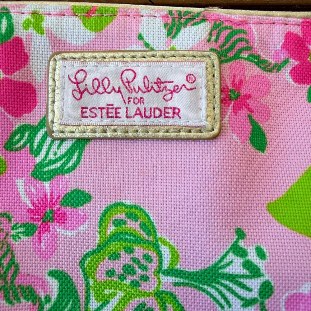 Lilly Pulitzer Estee Lauder Pink Green Floral Canvas Makeup Cosmetic Bag Pouch